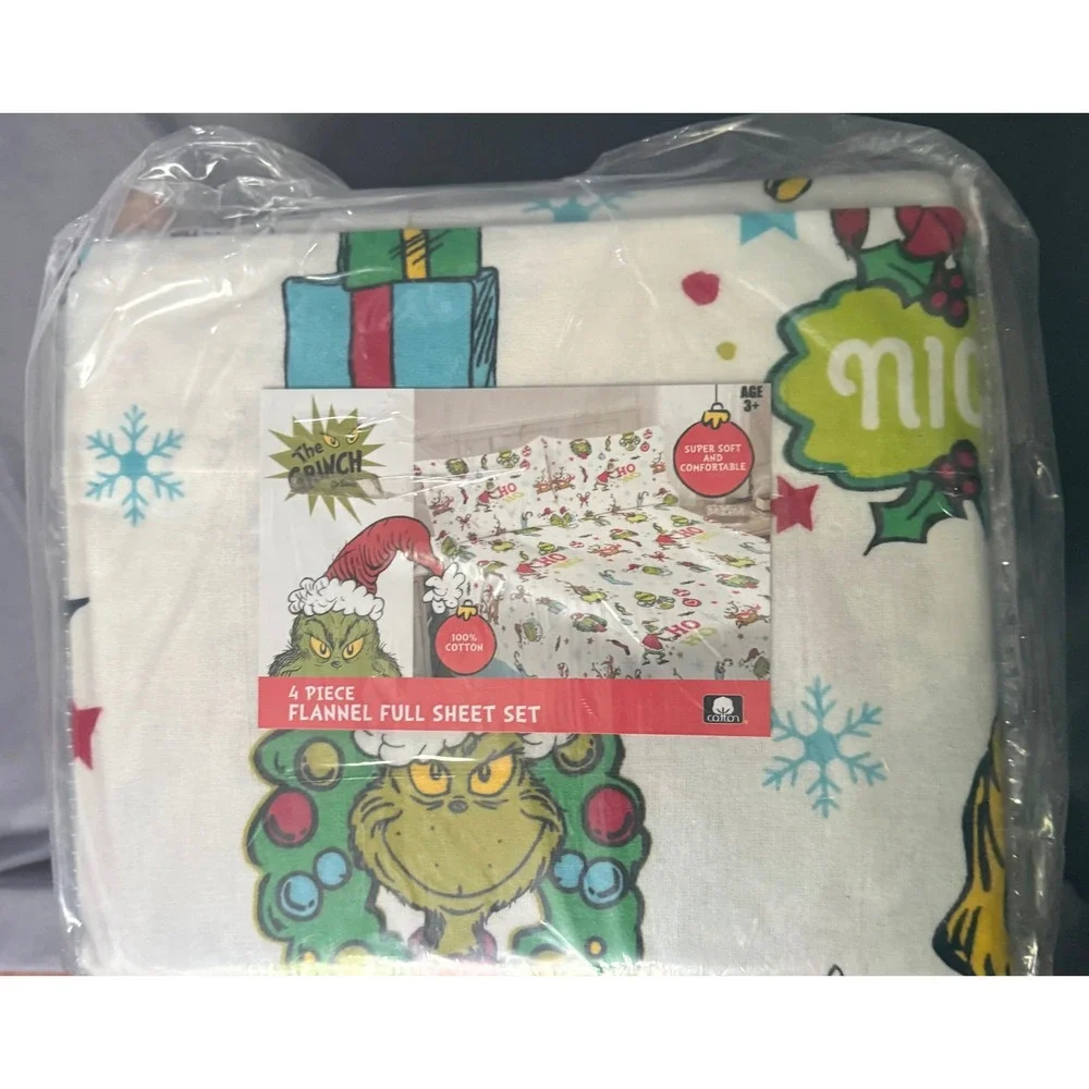 NEW Dr Seuss The Grinch Christmas 4 Piece Flannel Full Sheet Set White NB6008